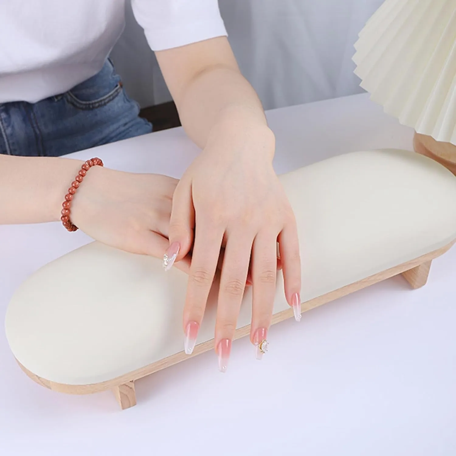 1 Pcs Sponge Manicure Hand Rest Pillow Wooden Nail Stand Hand Holder Nail Table Manicure Armrest Cushion (Cream Yellow)
