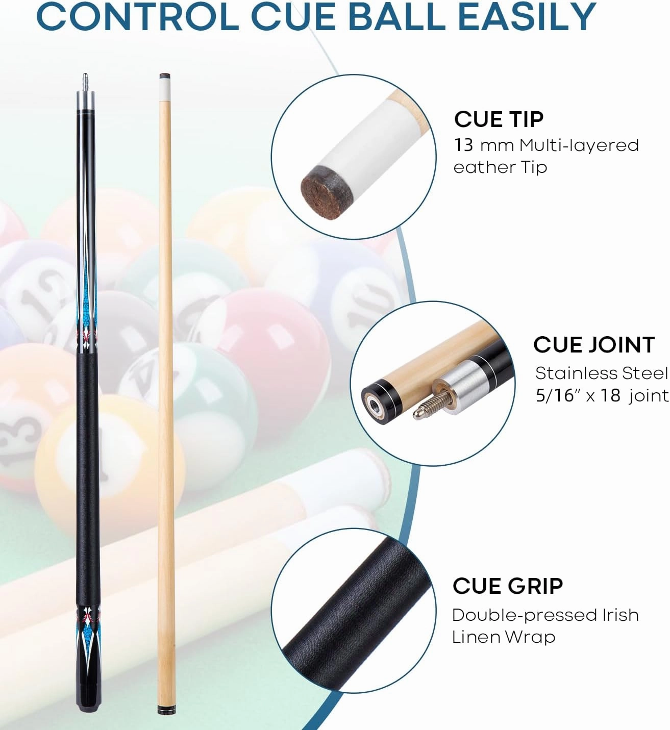 13mm 58 Inch 19 20 oz Billiard Pool Stick, 1/2 Maple Pool Cue Stick, Billiard Cues,Pool Stick for Men Women,Pool Sticks for 1 or 2