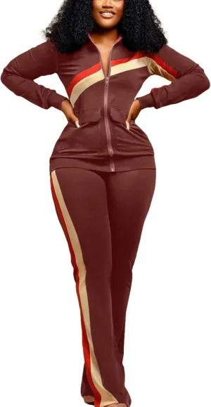 2 Piece Outfits for Women Long Sleeve Striped Zipup Jacket Wide Leg Long Pant Retro Tracksuit Sport Set Wine Red