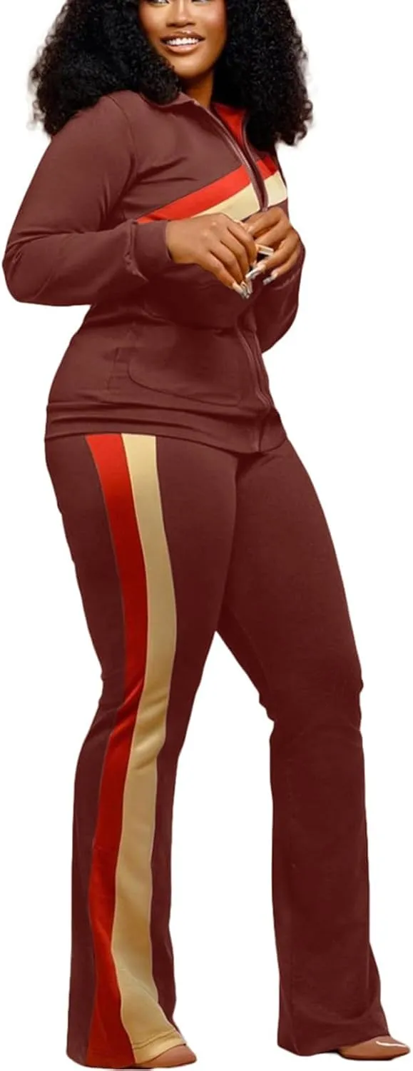 2 Piece Outfits for Women Long Sleeve Striped Zipup Jacket Wide Leg Long Pant Retro Tracksuit Sport Set Wine Red