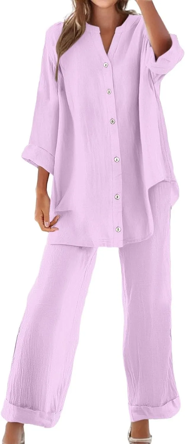 2 Piece Sets for Women 2025 Sleeve Shirt Tops Pockets Pants Shirt Trousers Set Casual Sweatsuits Short Sleeve Tracksuit