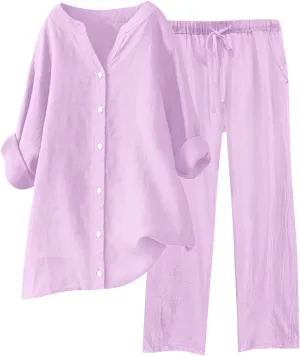 2 Piece Sets for Women 2025 Sleeve Shirt Tops Pockets Pants Shirt Trousers Set Casual Sweatsuits Short Sleeve Tracksuit