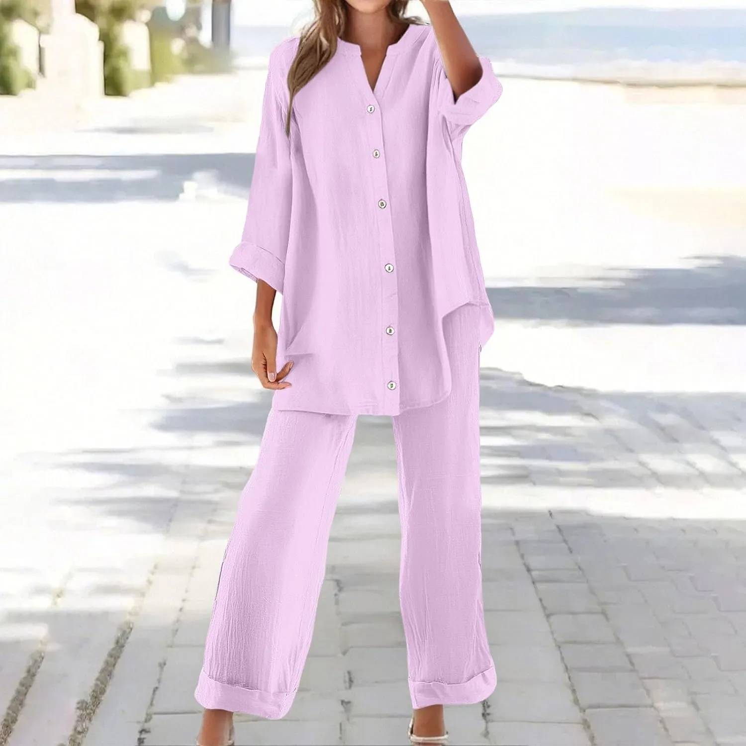 2 Piece Sets for Women 2025 Sleeve Shirt Tops Pockets Pants Shirt Trousers Set Casual Sweatsuits Short Sleeve Tracksuit
