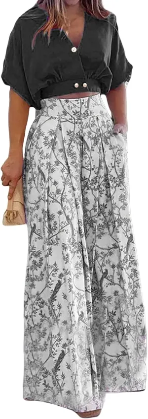 2 Piece Sets for Women Short Sleeve Tops Matching Print Wide Leg Pants Set Suit Floral Outfit Crop Shirt Top Jumpsuit