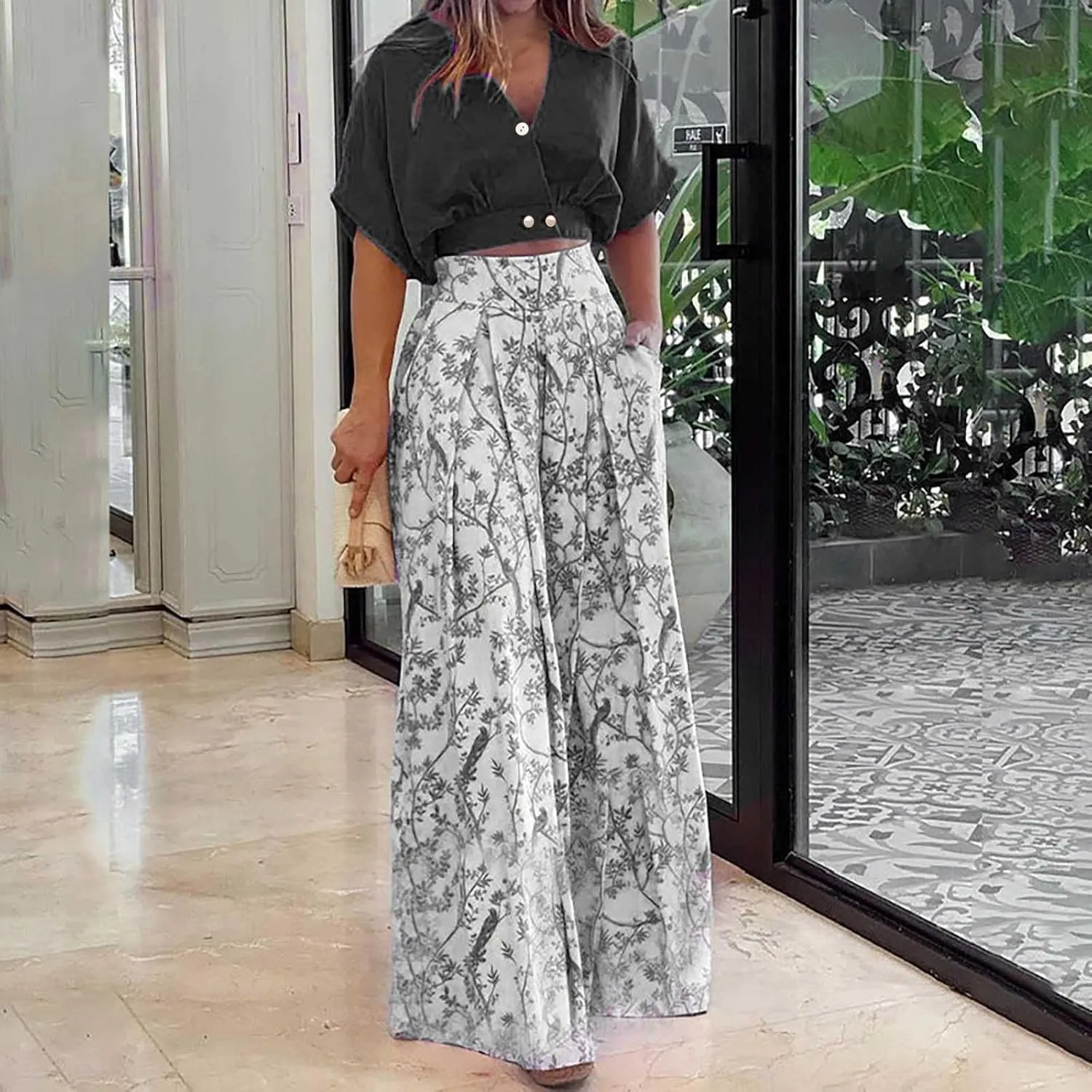 2 Piece Sets for Women Short Sleeve Tops Matching Print Wide Leg Pants Set Suit Floral Outfit Crop Shirt Top Jumpsuit