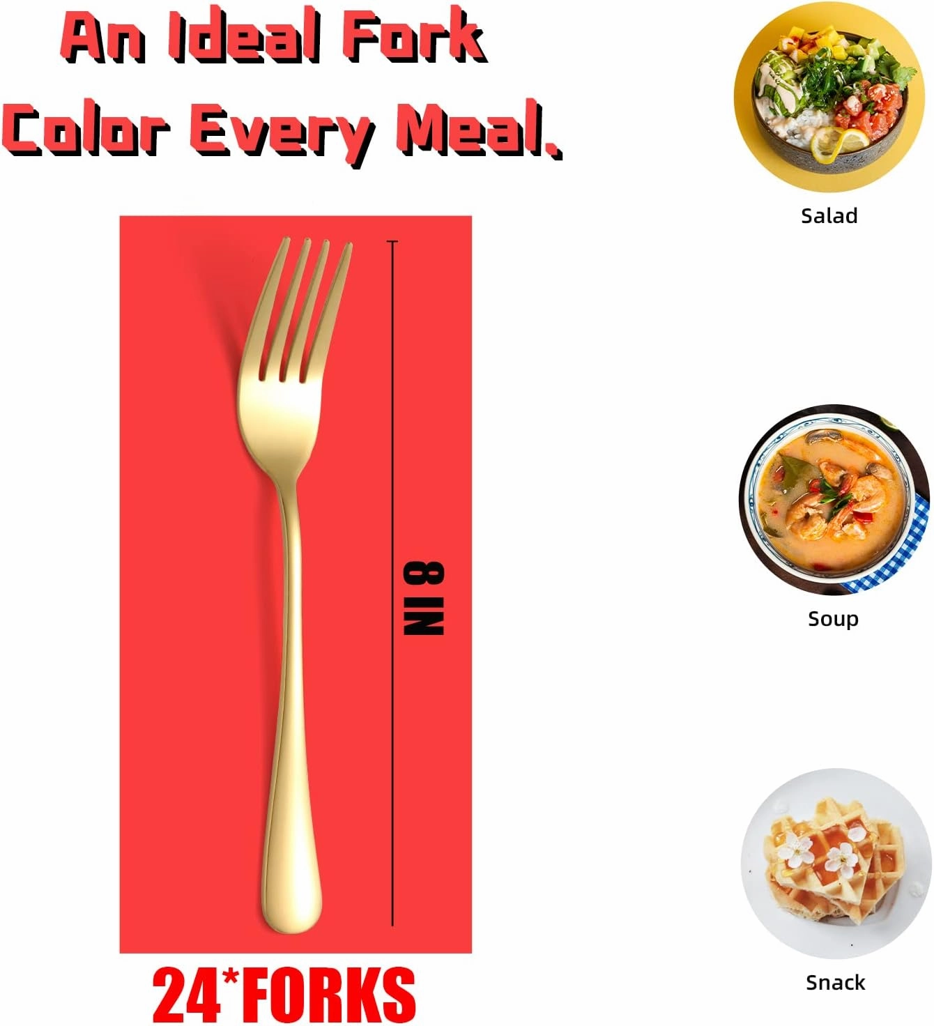 24 Piece Gold Silverware Forks, Food Grade Stainless Steel Flatware Golden Dinner Forks, 8 Inch Metal Forks Cutlery for Home Kitchen Restaurant Travel, Mirror Polished