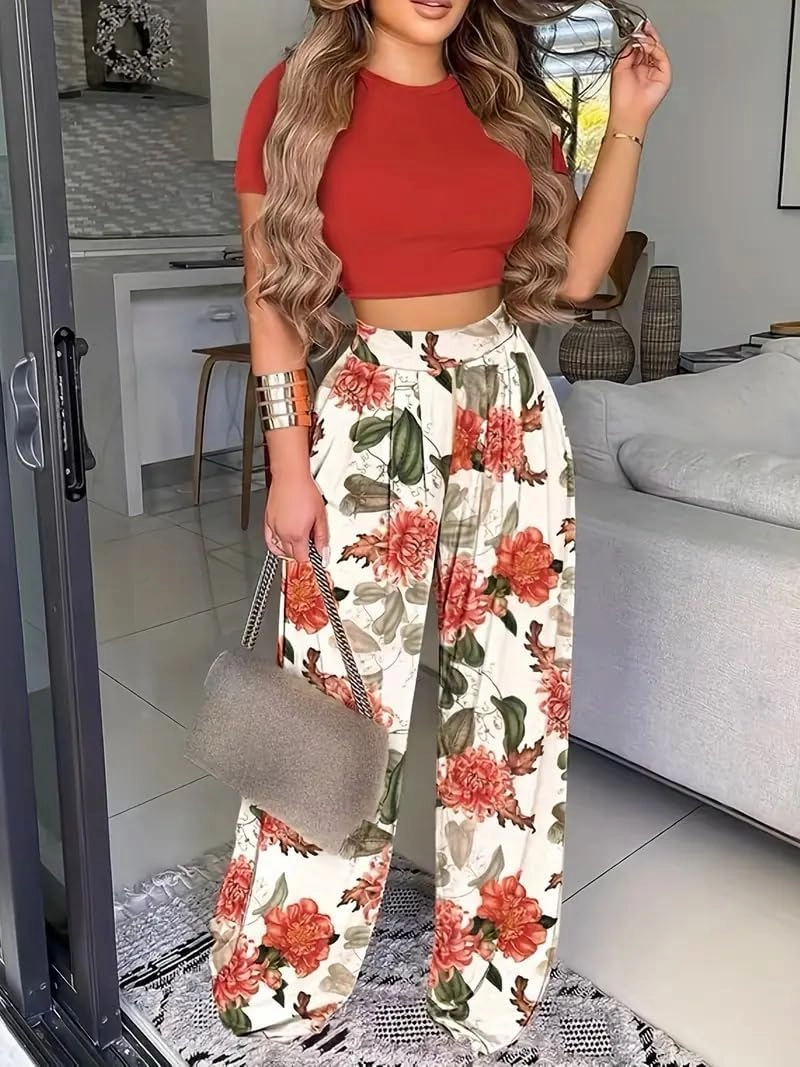 2 Piece Outfits for Women Short Sleeve Crop Top High Waist Wide Leg Long Pant Sets Tracksuit Sport Set