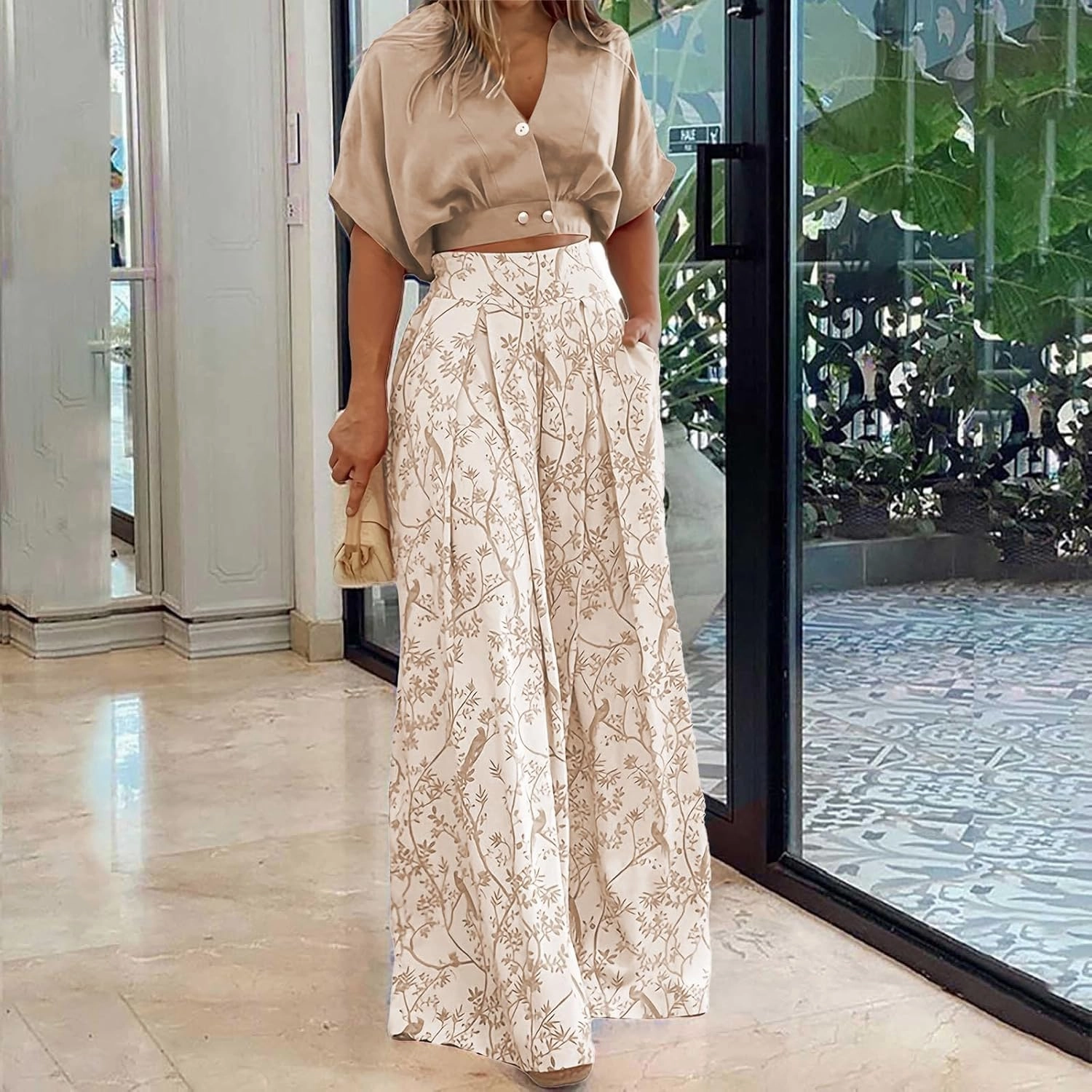 2 Piece Sets for Women Short Sleeve Tops Matching Print Wide Leg Pants Set Suit Floral Outfit Crop Shirt Top Jumpsuit