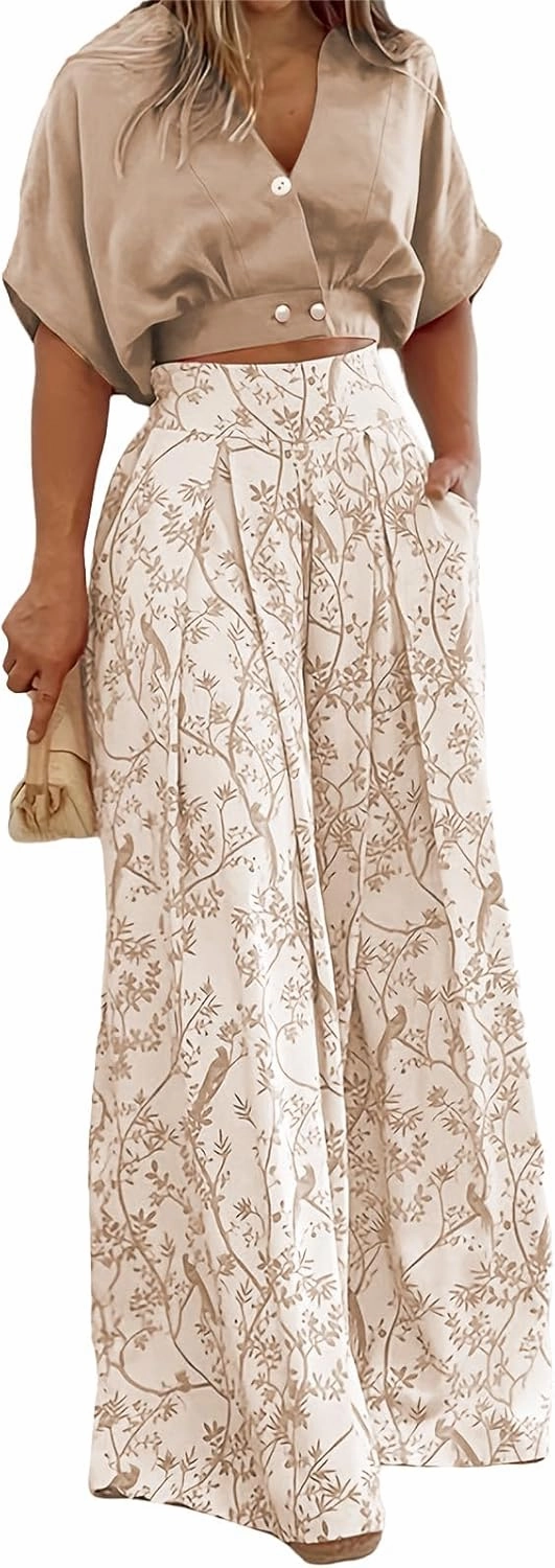 2 Piece Sets for Women Short Sleeve Tops Matching Print Wide Leg Pants Set Suit Floral Outfit Crop Shirt Top Jumpsuit