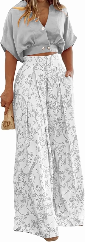 2 Piece Sets for Women Short Sleeve Tops Matching Print Wide Leg Pants Set Suit Floral Outfit Crop Shirt Top Jumpsuit
