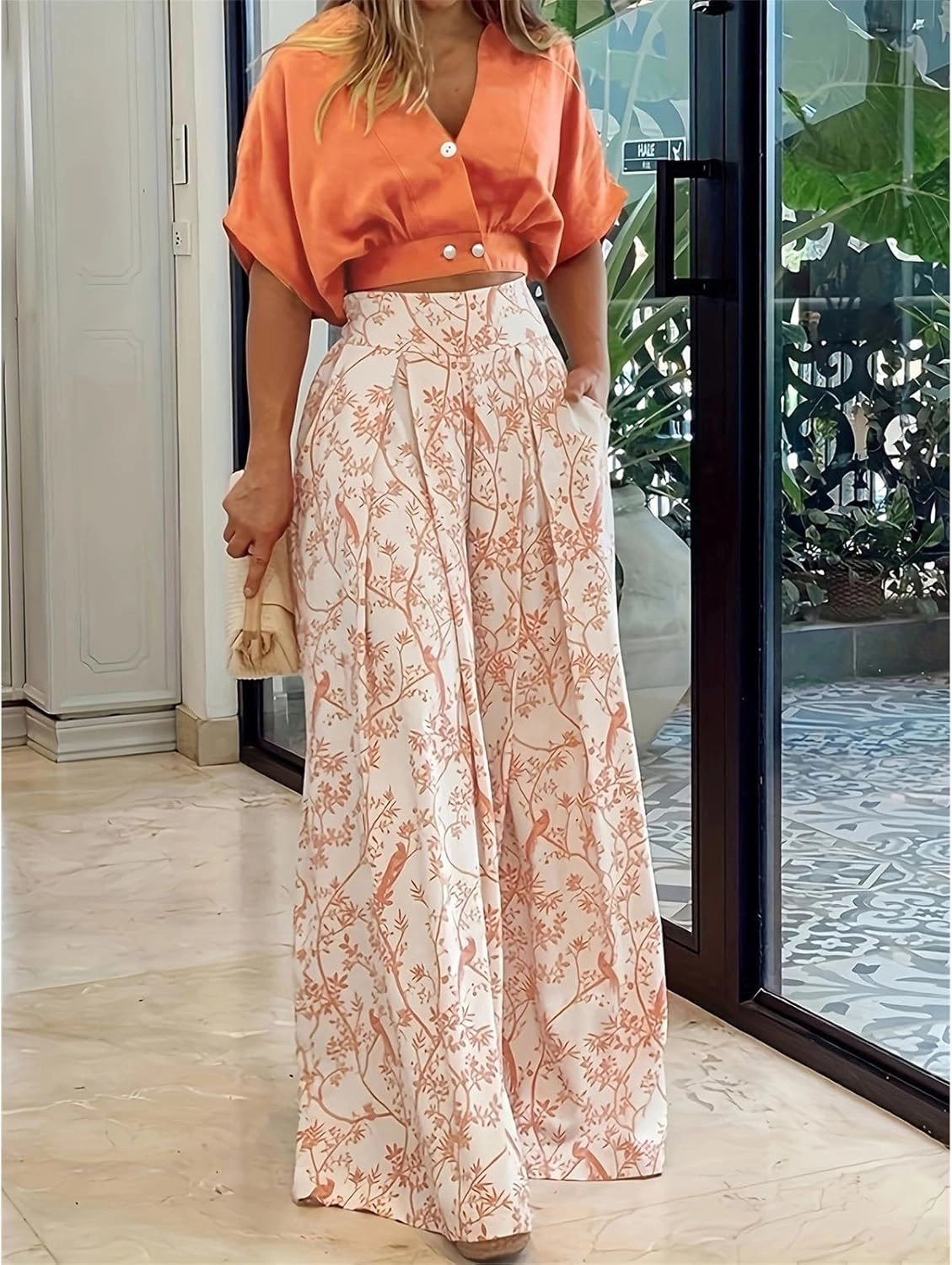 2 Piece Sets for Women Short Sleeve Tops Matching Print Wide Leg Pants Set Suit Floral Outfit Crop Shirt Top Jumpsuit