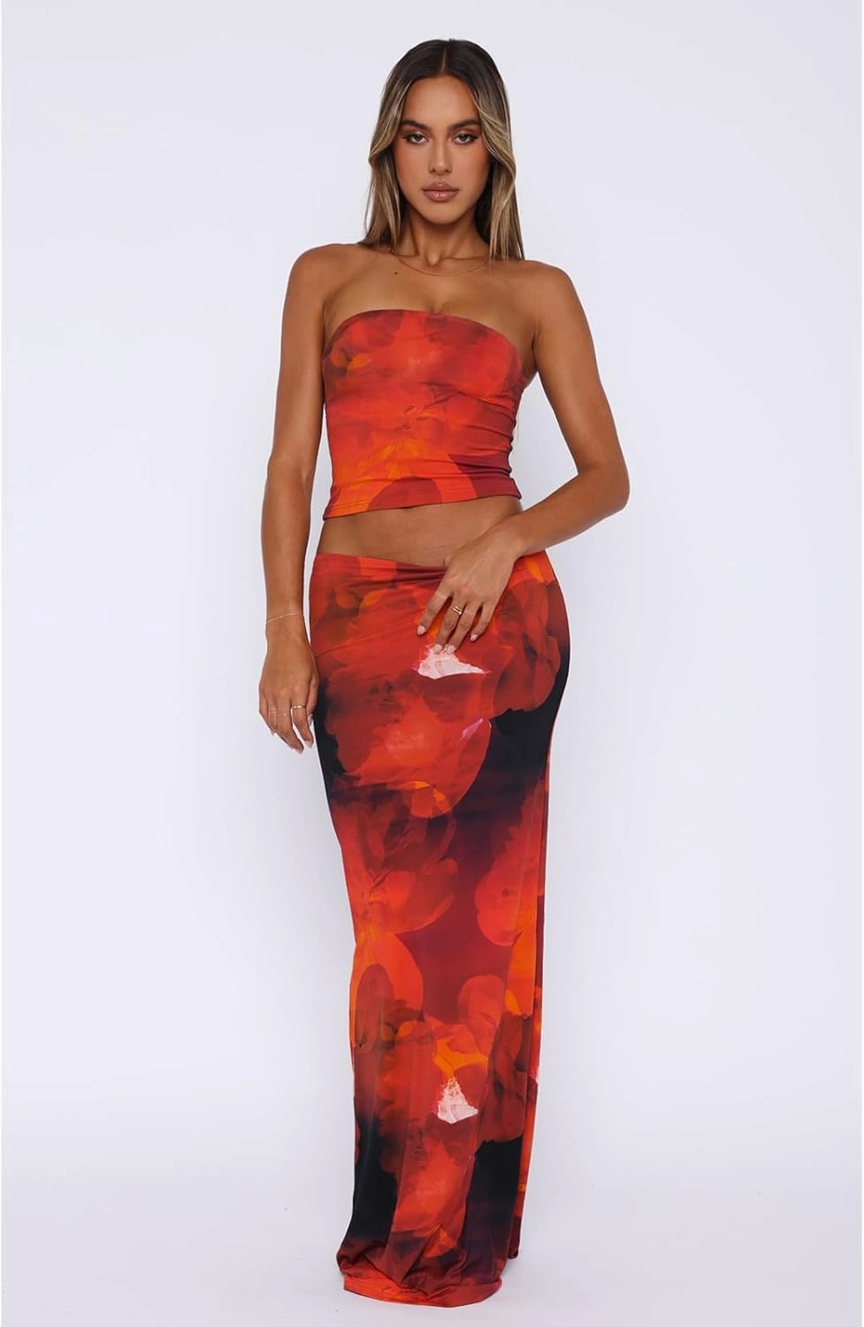 2 Piece Skirt Sets for Women Summer, Floral Sleeveless Tube Top Bodycon Maxi Skirts Y2k Vacation Going Out Outfits
