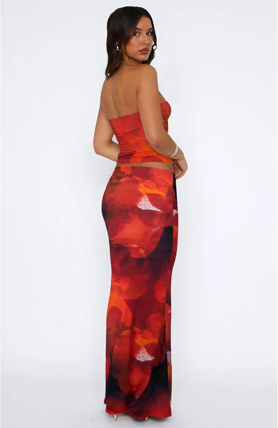 2 Piece Skirt Sets for Women Summer, Floral Sleeveless Tube Top Bodycon Maxi Skirts Y2k Vacation Going Out Outfits