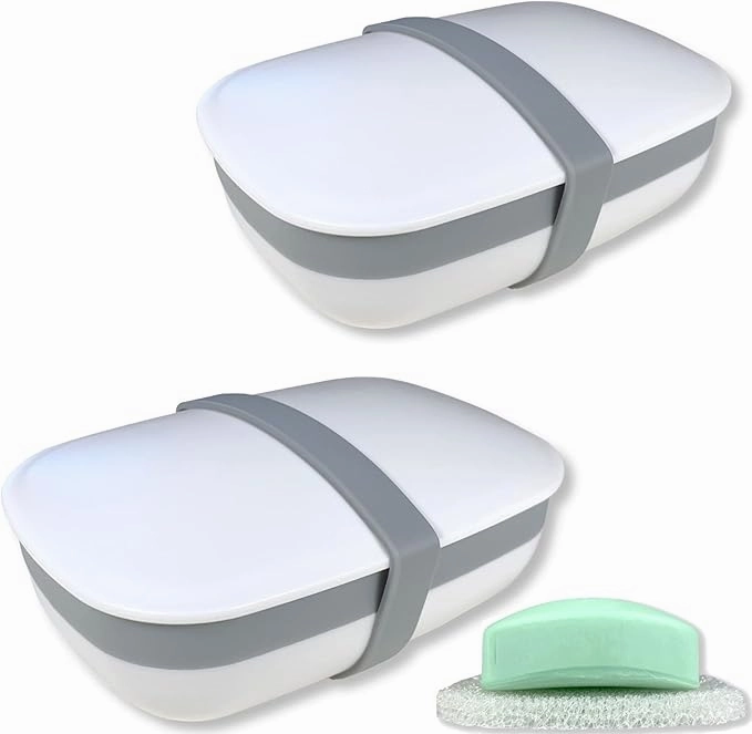 2Pack Travel Soap Box,soap Bar Holder Dish Container Case with Sponge Saver&Silicone Band,Strong Sealing,Leak Proof,Portable,Best for Bathroom,Gym,School,Camping,Hiking,Vacation(Pack of 2)