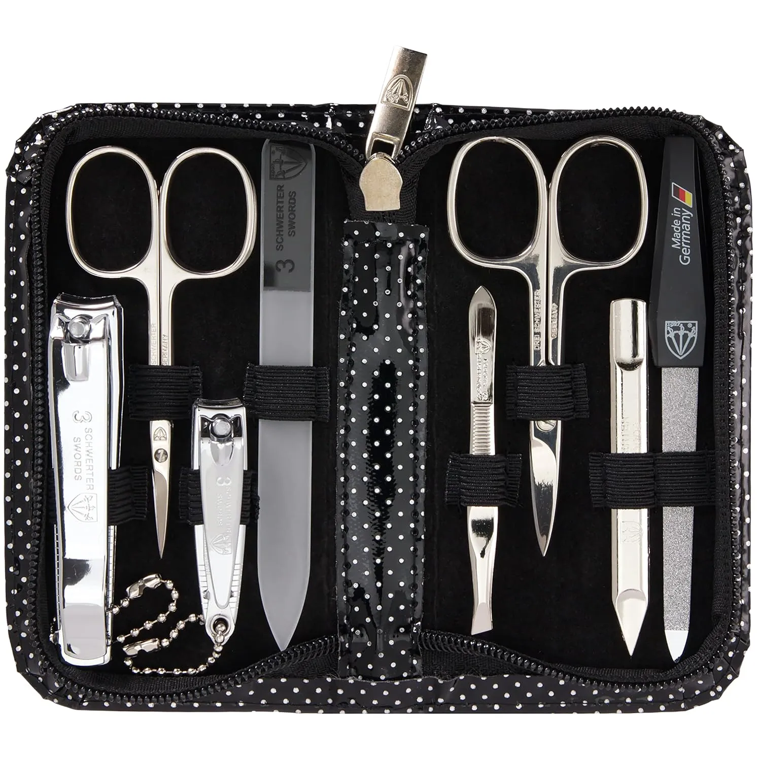 3 Swords Germany - brand quality 8 piece manicure pedicure grooming kit set synthetic leather case black silver spots - Made in Germany