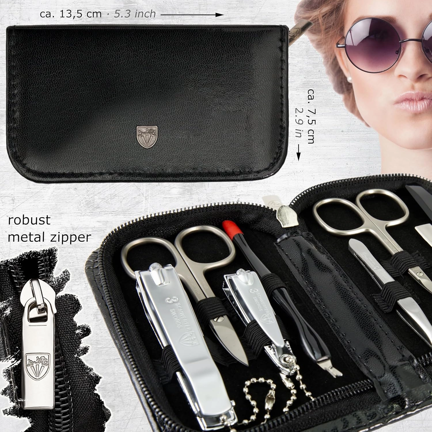 3 Swords Germany – brand quality 8 piece manicure pedicure grooming kit set for professional nail care with synthetic leather case black - Made in Germany