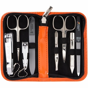 3 Swords Germany - brand quality 8 piece manicure pedicure grooming kit set synthetic leather case orange - Made in Germany