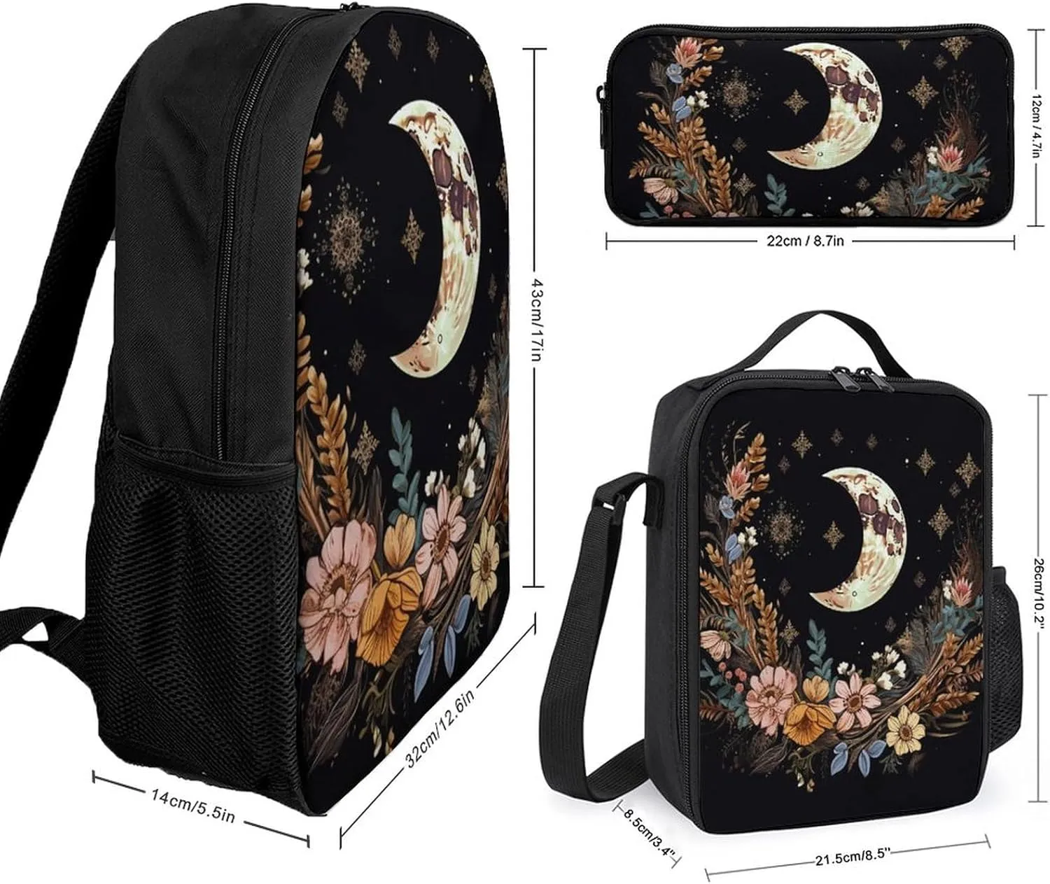 3PCS Astrology Plant Moon Phase Flower Backpack Set, 17 Inch Backpack with Portable Lunch Bag And Pencil Case for Work/Picnic/Travel