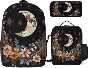 3PCS Astrology Plant Moon Phase Flower Backpack Set, 17 Inch Backpack with Portable Lunch Bag And Pencil Case for Work/Picnic/Travel