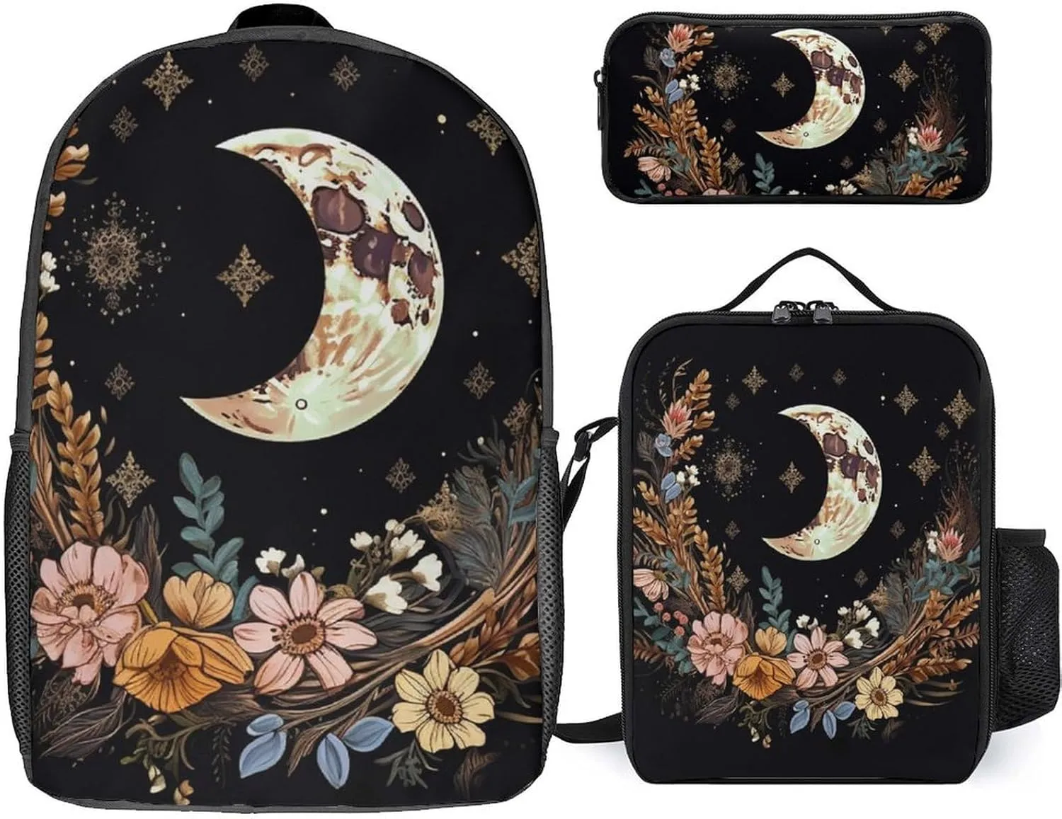 3PCS Astrology Plant Moon Phase Flower Backpack Set, 17 Inch Backpack with Portable Lunch Bag And Pencil Case for Work/Picnic/Travel