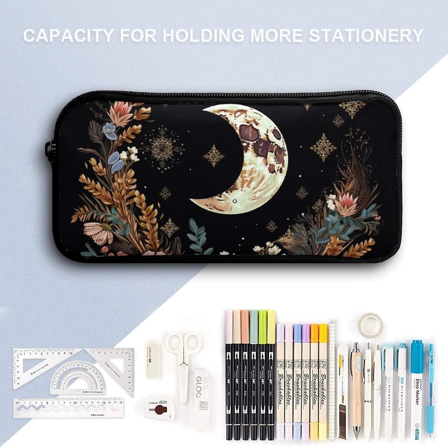 3PCS Astrology Plant Moon Phase Flower Backpack Set, 17 Inch Backpack with Portable Lunch Bag And Pencil Case for Work/Picnic/Travel