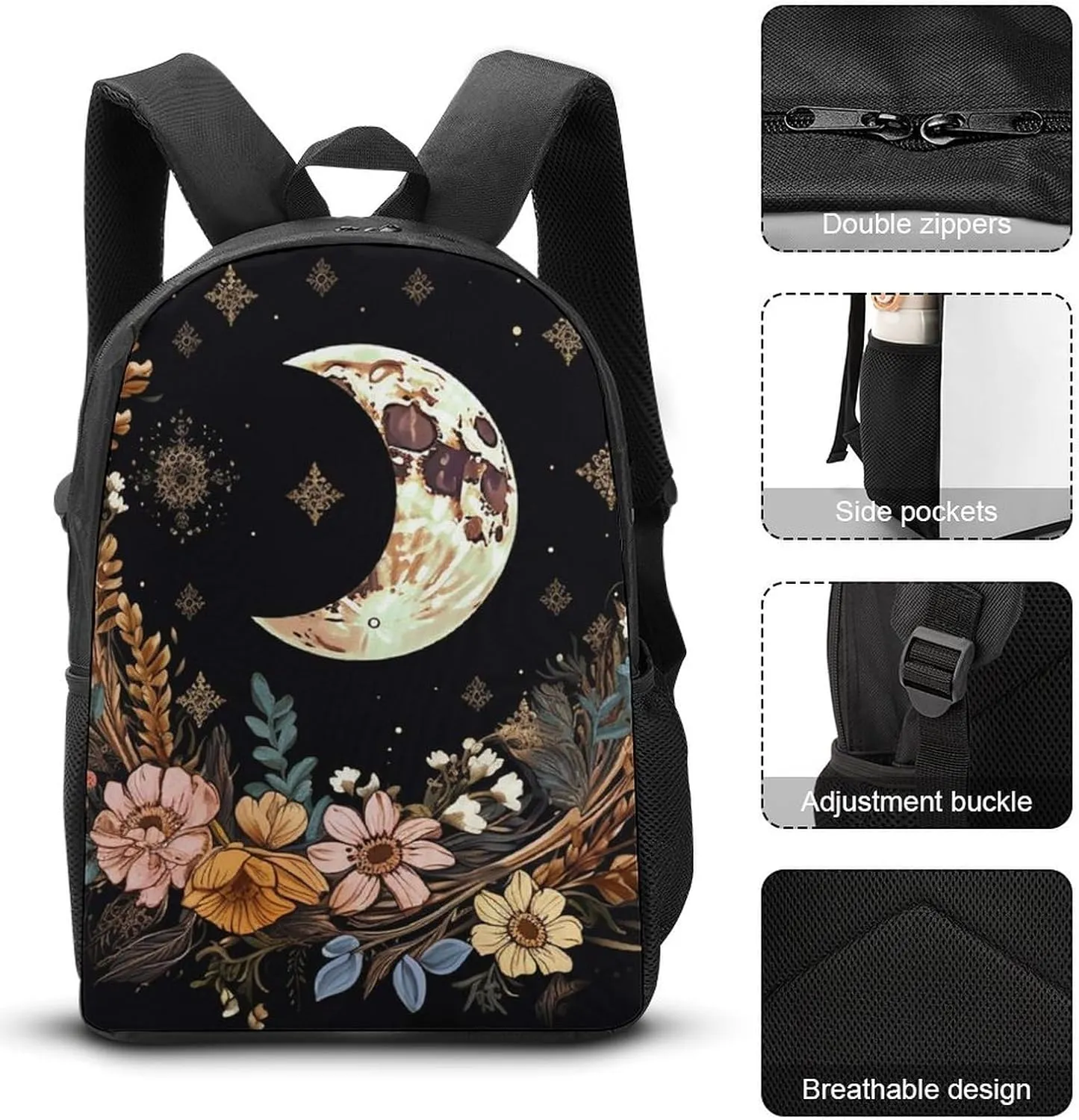 3PCS Astrology Plant Moon Phase Flower Backpack Set, 17 Inch Backpack with Portable Lunch Bag And Pencil Case for Work/Picnic/Travel