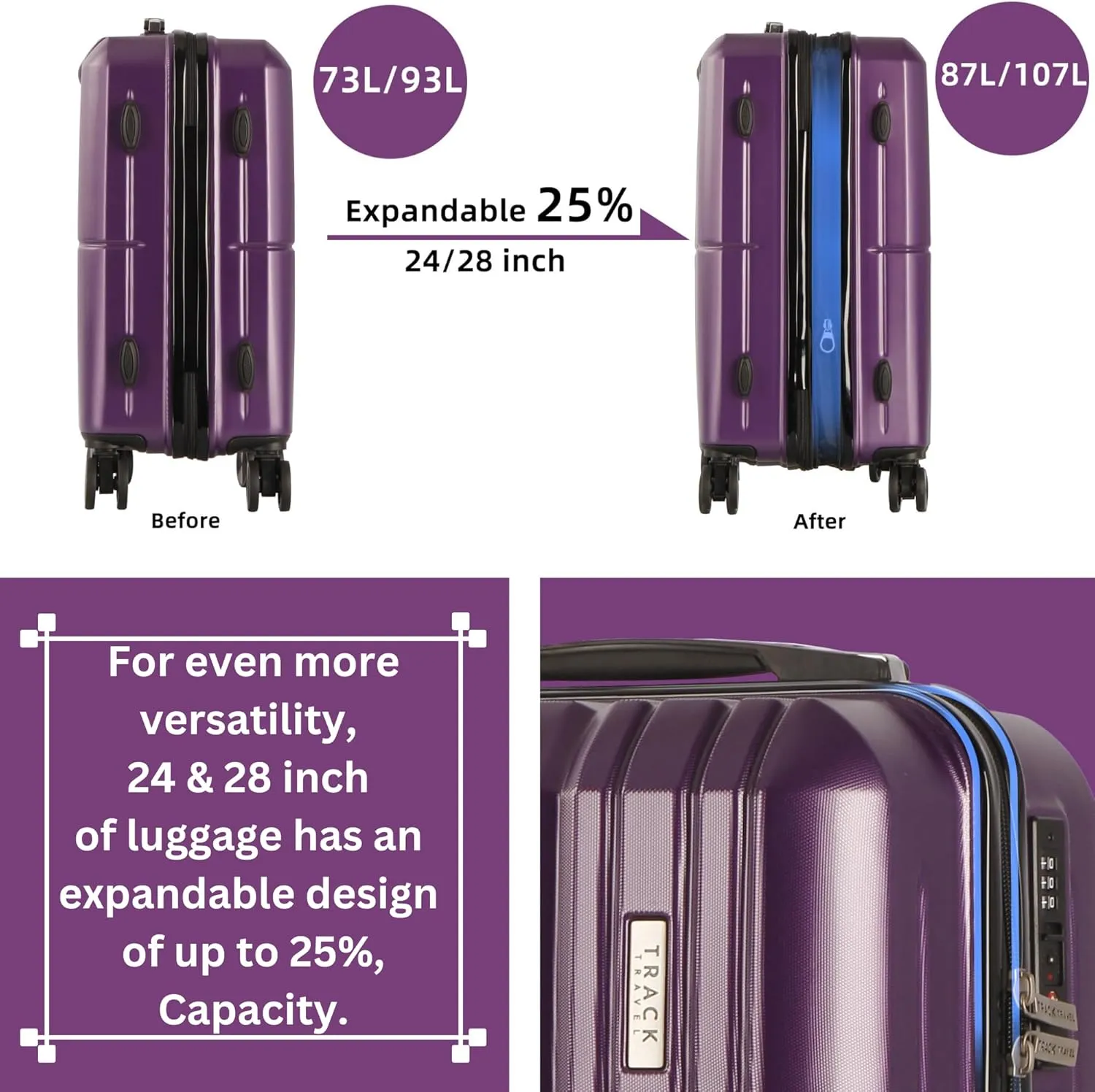 4 Piece Luggage Set ABS PC Expandable Hardshell TSA Lock Aluminum Trolley Spinner Wheels (Purple, 6 Piece Set)