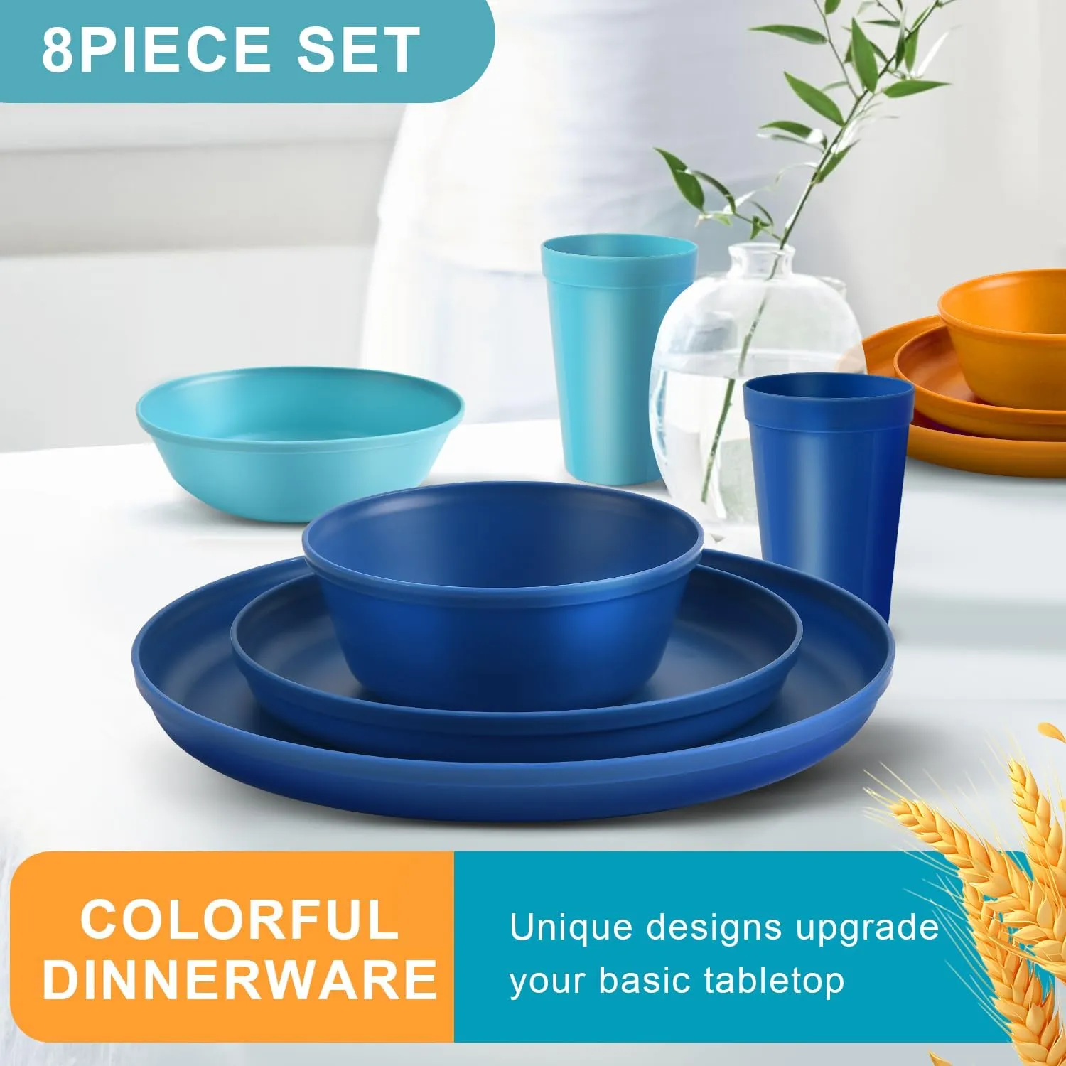 40-Piece Kitchen Plastic Dinnerware Set，Modern Dish Set for Apartment Essentials, Travel, Camping& RV, Picnic & Home Party, Reusable Plates Kids Plates and Bowls with Cutlery Set, Coastal Colors