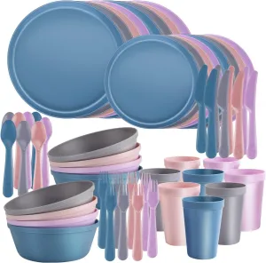40-Piece Kitchen Plastic Dinnerware Set，Modern Dish Set for Apartment Essentials, Travel, Camping& RV, Picnic & Home Party, Reusable Plates Kids Plates and Bowls with Cutlery Set, Coastal Colors