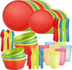 40-Piece Kitchen Plastic Dinnerware Set，Modern Dish Set for Apartment Essentials, Travel, Camping& RV, Picnic & Home Party, Reusable Plates Kids Plates and Bowls with Cutlery Set, Rainbow Colors