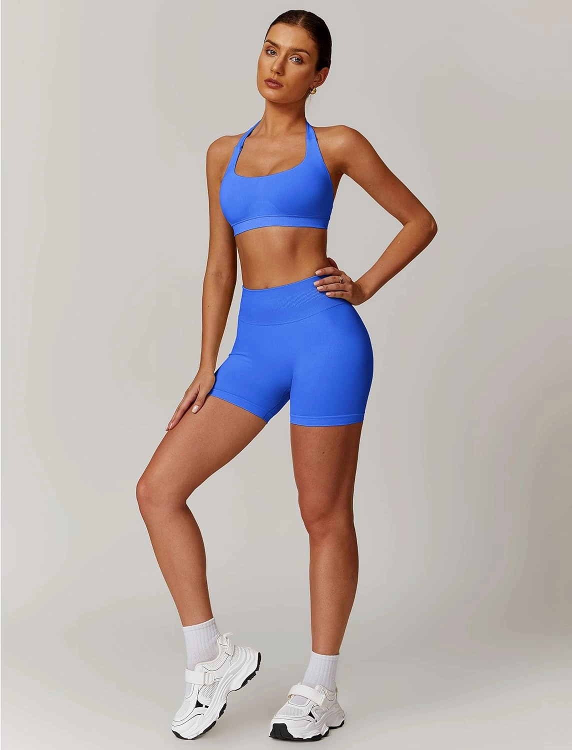 ABOCIW Workout Sets for Women 2 Piece seamless Halter Sports Bra Scrunch Butt Impact Shorts Gym Yoga Outfits
