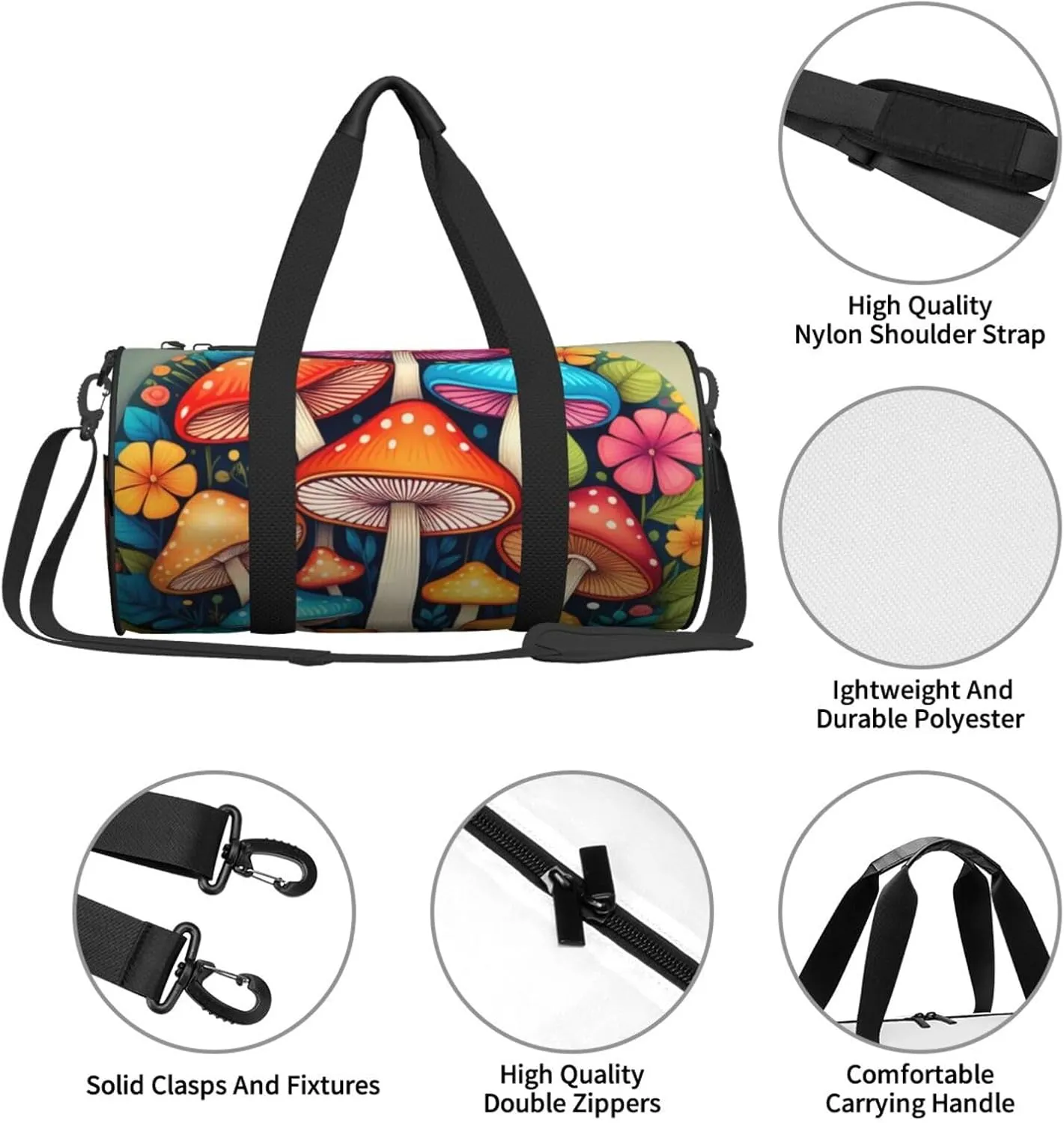 Abstract Mushroom Colorful Mandala Printed Travel Bag,Round Personal Item Storage bag,Foldie Duffel Bag for Traveling Vacation,Fitness,Sports