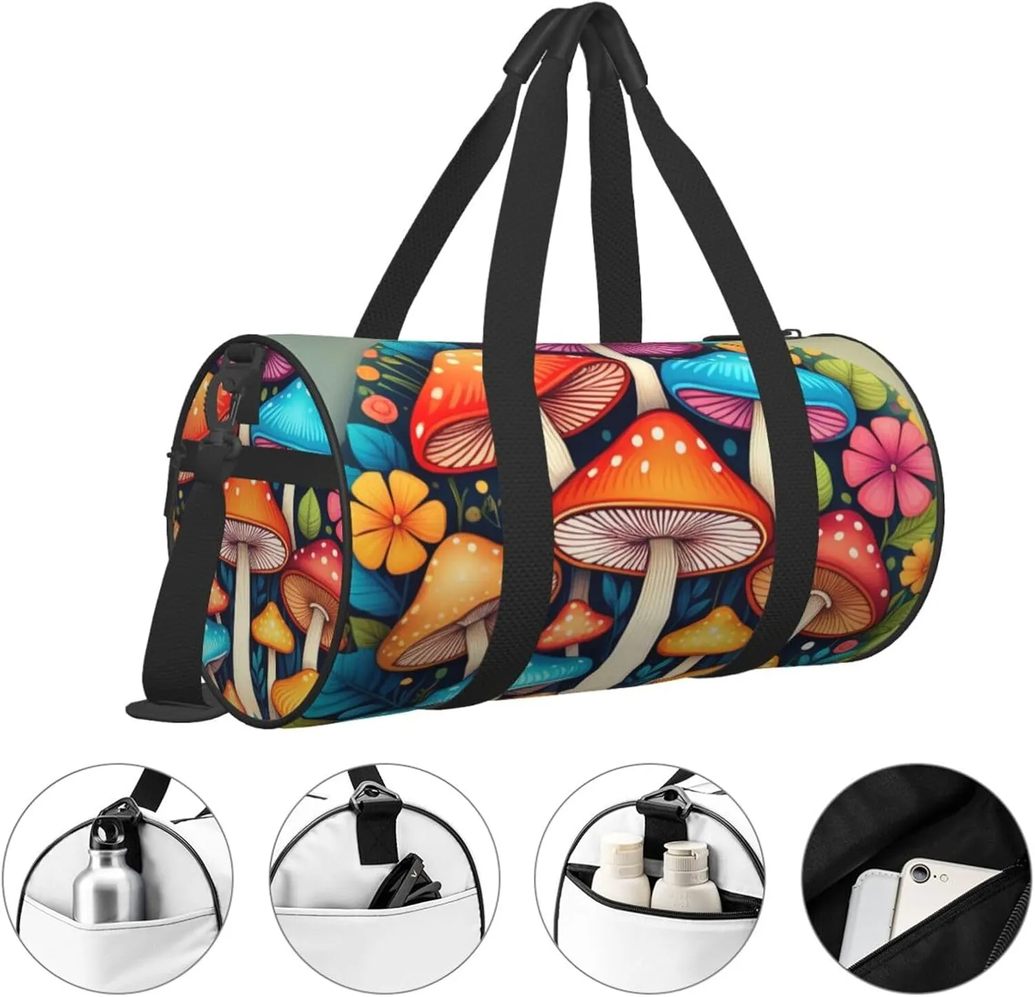 Abstract Mushroom Colorful Mandala Printed Travel Bag,Round Personal Item Storage bag,Foldie Duffel Bag for Traveling Vacation,Fitness,Sports