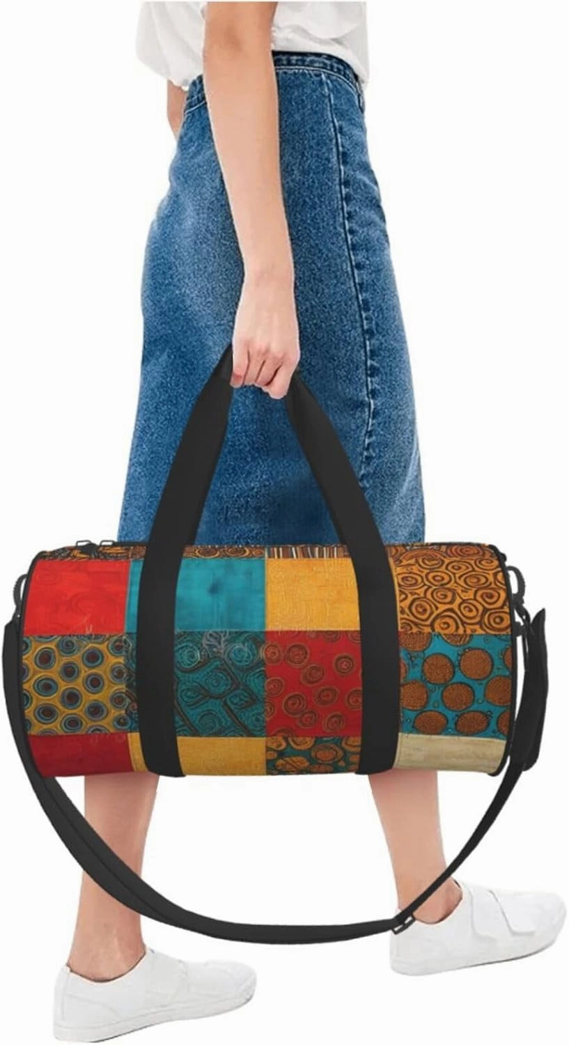 African Style Patchwork Printed Travel Bag,Round Personal Item Storage bag,Foldie Duffel Bag for Traveling Vacation,Fitness,Sports