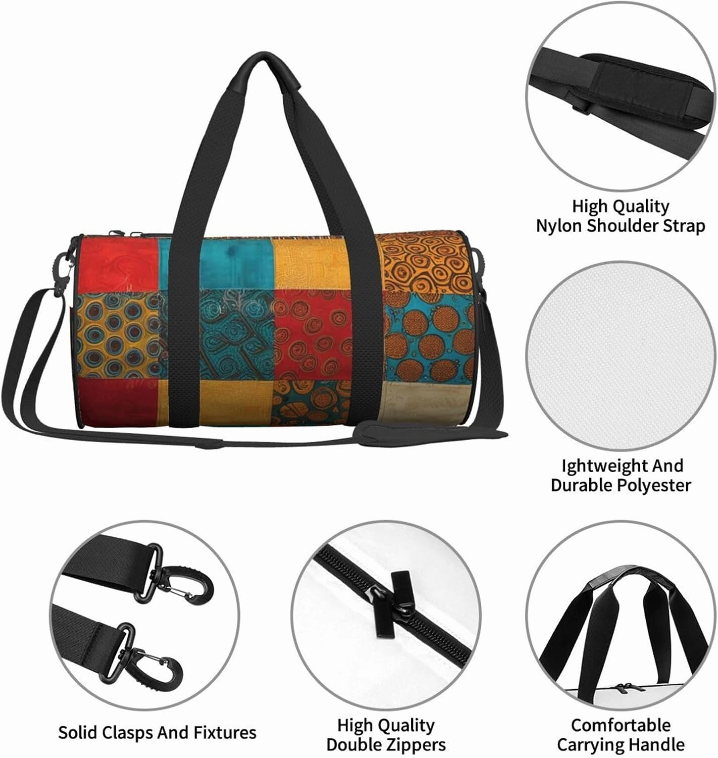 African Style Patchwork Printed Travel Bag,Round Personal Item Storage bag,Foldie Duffel Bag for Traveling Vacation,Fitness,Sports