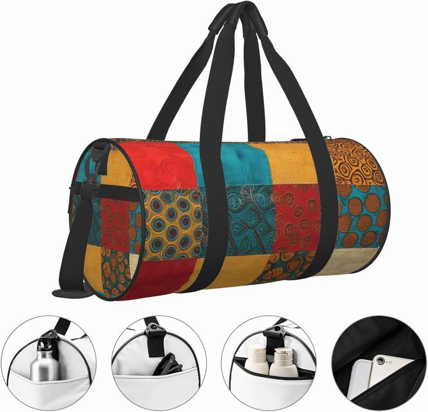African Style Patchwork Printed Travel Bag,Round Personal Item Storage bag,Foldie Duffel Bag for Traveling Vacation,Fitness,Sports
