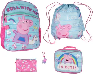 AI ACCESSORY INNOVATIONS Peppa Pig Backpack Kids School Travel Backpack Set With Lunch Box, Drawstring Bag, Pencil Case, and Rubber Molded Keychain