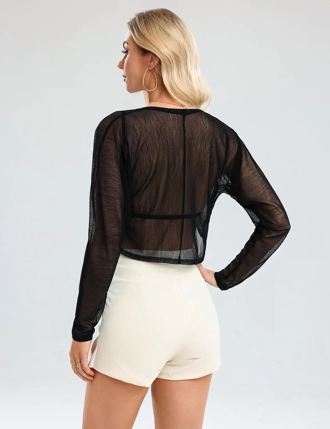 Aiboria Women 3/4 Sleeve Sheer Shrugs Open Front Mesh Bolero Cropped Cardigan S-XXL