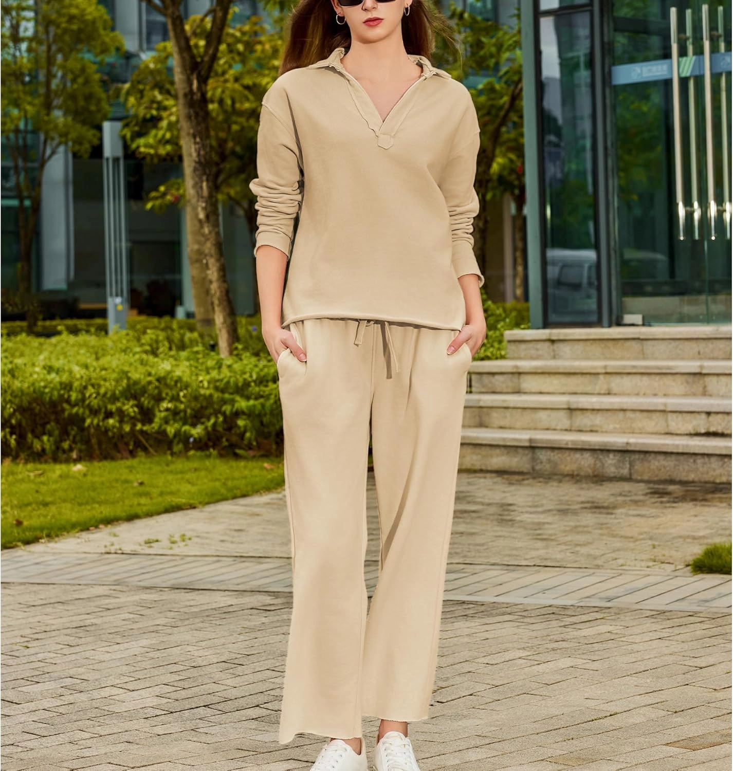 Ainangua Casual 2 Piece Sets for Women V Neck Long Sleeve Tops Wide Leg Pants Workout Outfits Fashion Carmel Travel Set