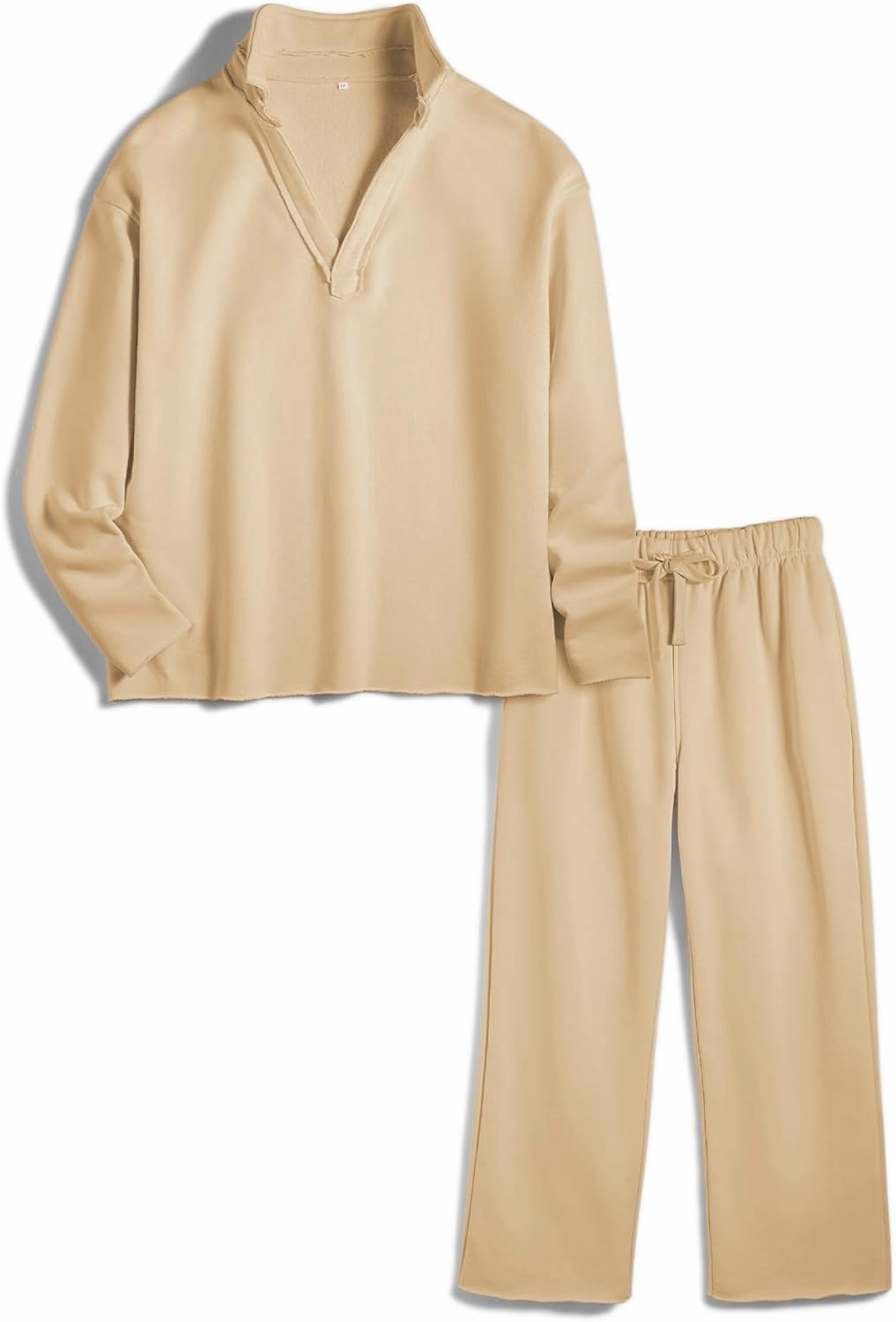 Ainangua Casual 2 Piece Sets for Women V Neck Long Sleeve Tops Wide Leg Pants Workout Outfits Fashion Carmel Travel Set