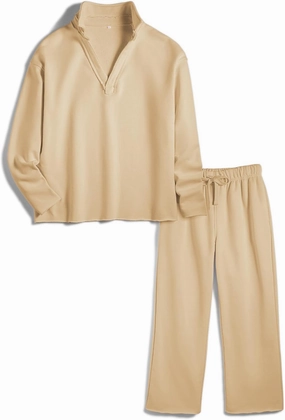 Ainangua Casual 2 Piece Sets for Women V Neck Long Sleeve Tops Wide Leg Pants Workout Outfits Fashion Carmel Travel Set