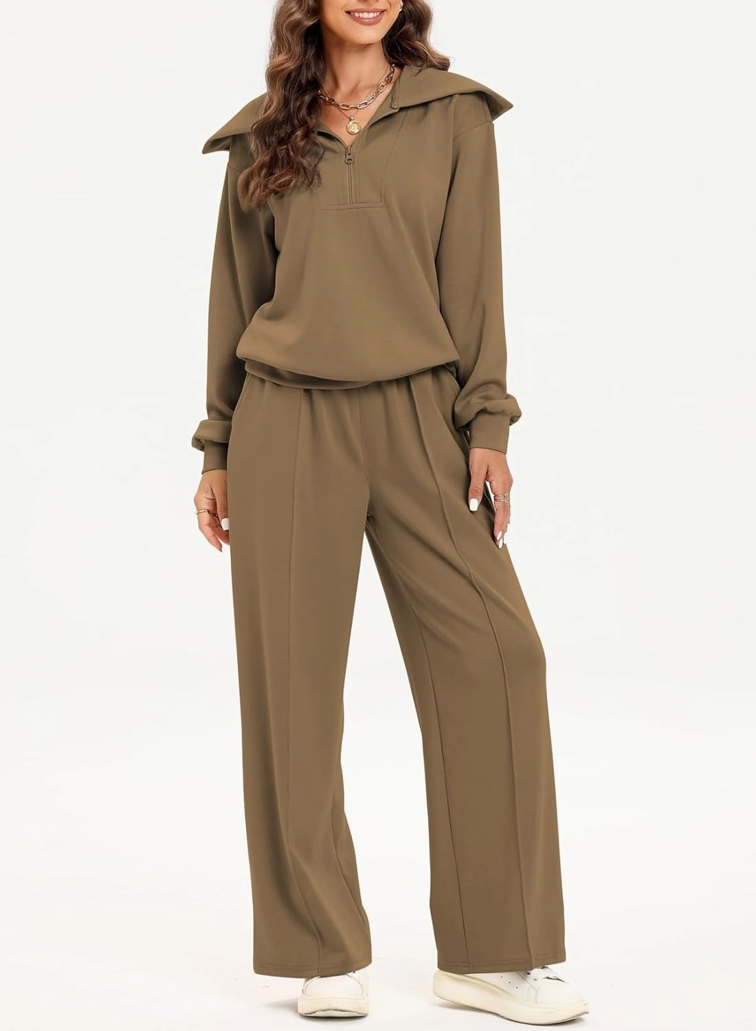 Aleumdr Two Piece Outfits Half Zip Sweatshirt Sweatsuit Lounge Sets for Women Matching Set Wide Leg Sweatpant Tracksuit