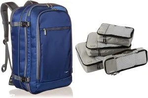 Amazon Basics Carry-On Travel Backpack - Navy Blue & 4 Piece Packing Travel Organizer Cubes Set, Grey