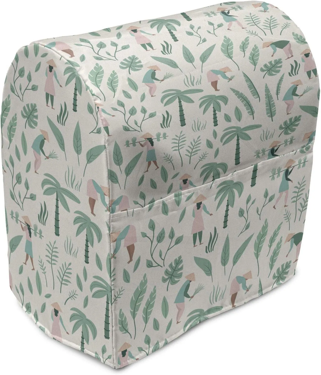 Ambesonne Rural Stand Mixer Cover, Vietnamese People in the Rainforest Palm Trees Exotic Jungle Foliage Travel, Kitchen Appliance Organizer Bag Cover with a Pocket, 6-8 Quarts, Seafoam Rose Ivory