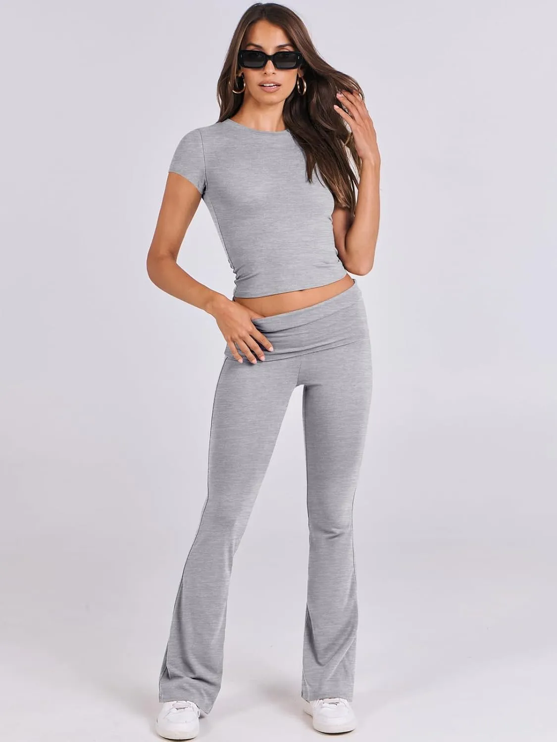 ANRABESS Lounge Sets for Women 2 Piece Foldover Yoga Flare Leggings Pants Crop Tops Casual Y2K Outfits Matching Tracksuit Set
