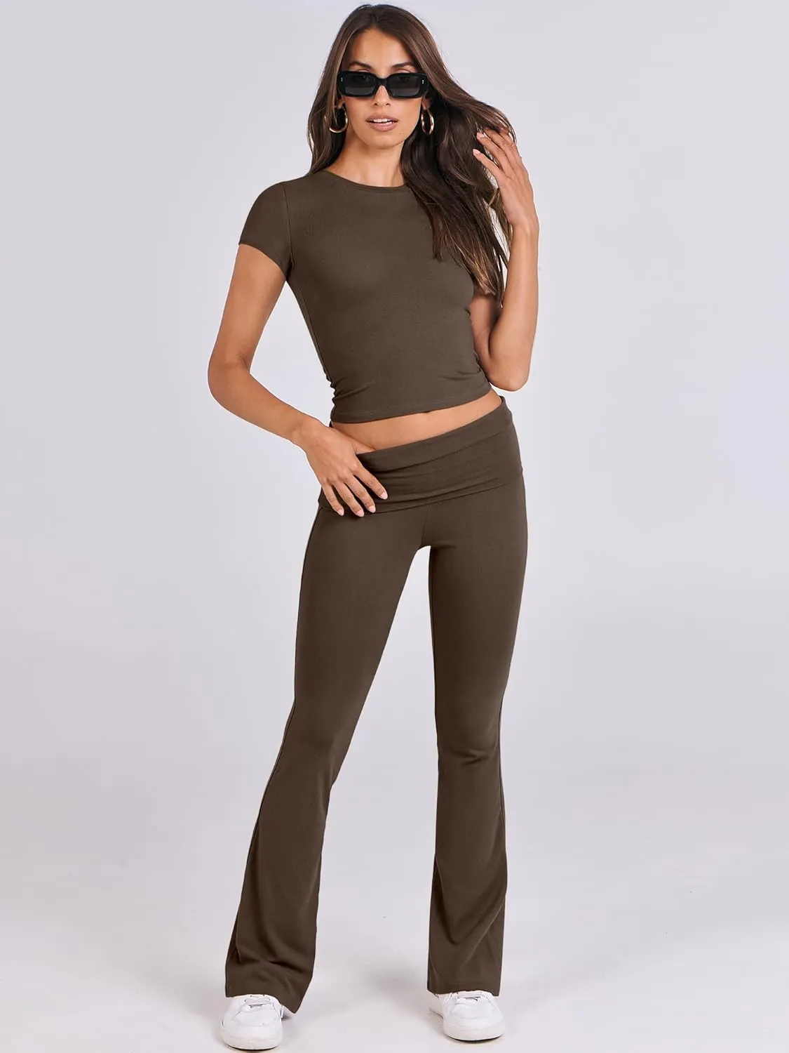 ANRABESS Lounge Sets for Women 2 Piece Foldover Yoga Flare Leggings Pants Crop Tops Casual Y2K Outfits Matching Tracksuit Set