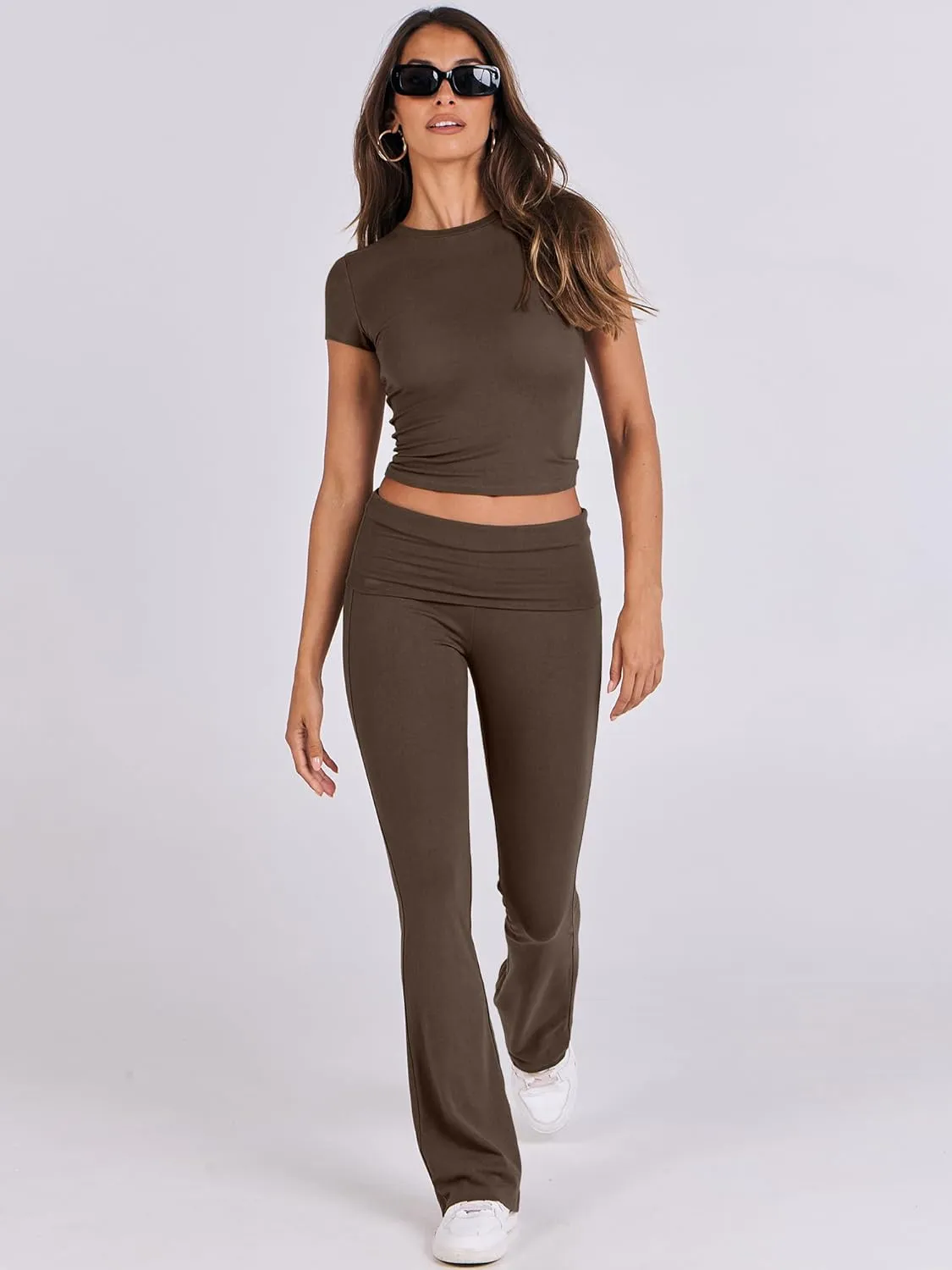 ANRABESS Lounge Sets for Women 2 Piece Foldover Yoga Flare Leggings Pants Crop Tops Casual Y2K Outfits Matching Tracksuit Set