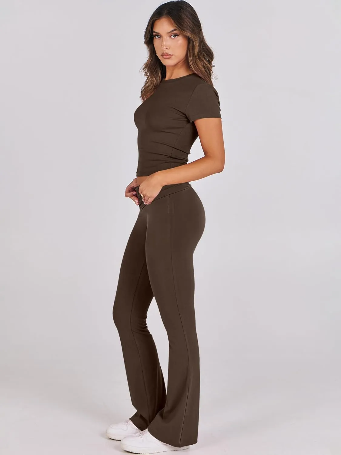 ANRABESS Lounge Sets for Women 2 Piece Foldover Yoga Flare Leggings Pants Crop Tops Casual Y2K Outfits Matching Tracksuit Set