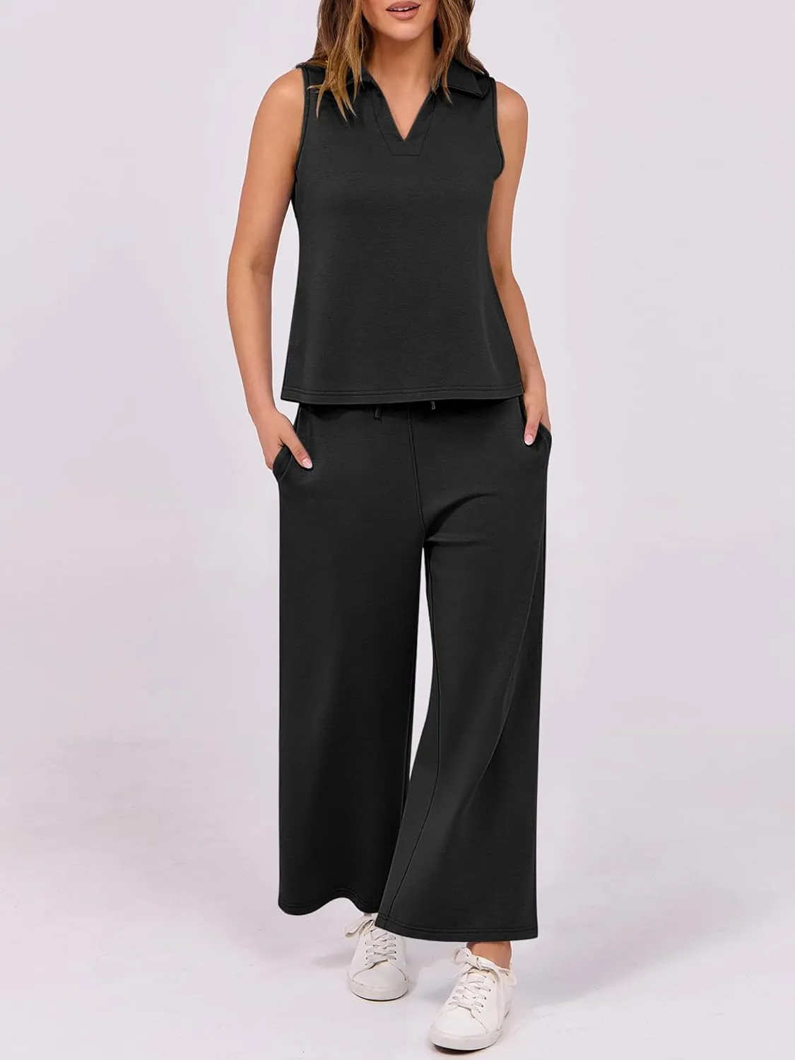 ANRABESS Two Piece Sets for Women Summer Outfits Lounge Sets Polo Tank Tops Wide Leg Crop Pants Vacation Travel Outfits