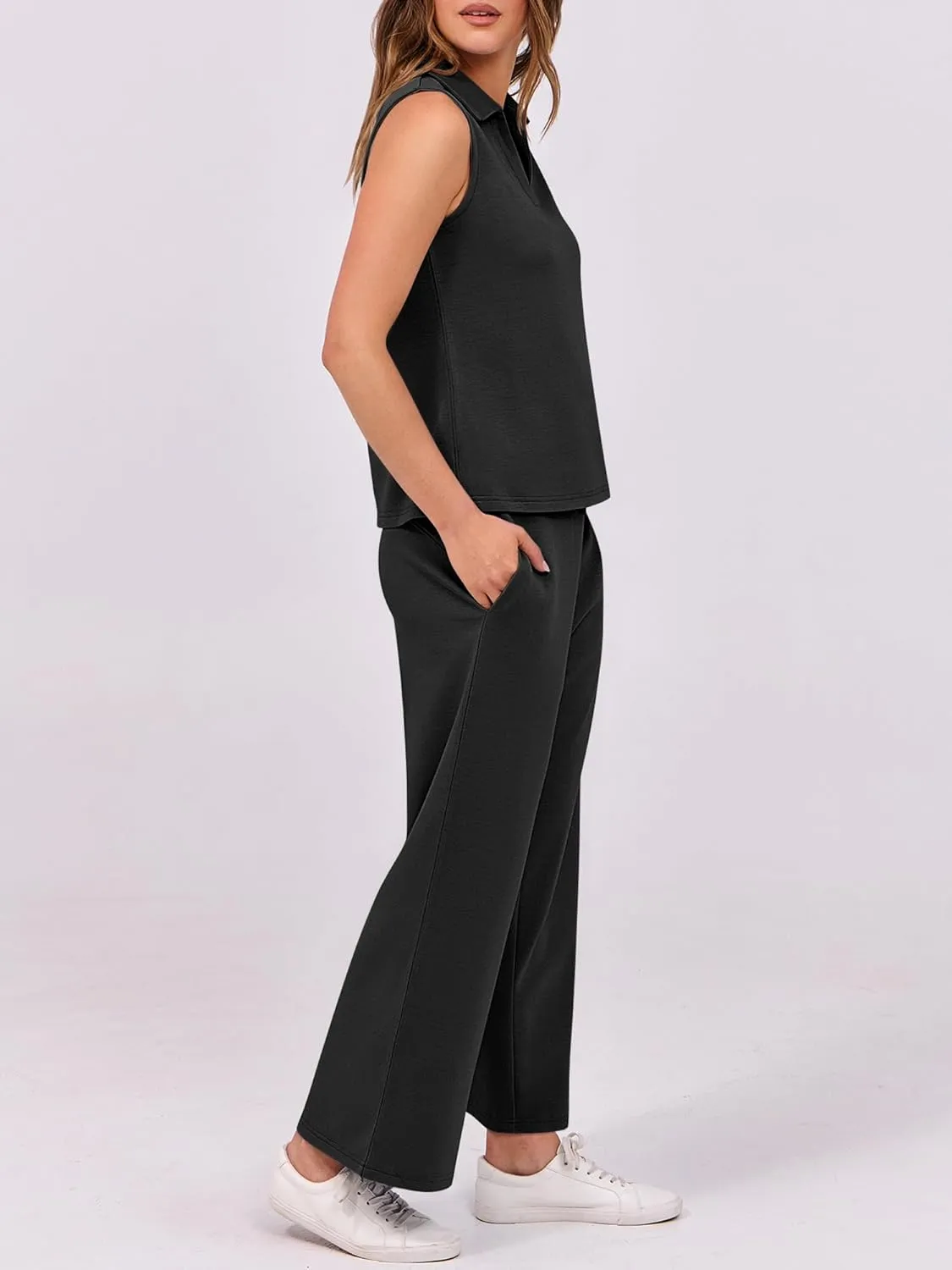 ANRABESS Two Piece Sets for Women Summer Outfits Lounge Sets Polo Tank Tops Wide Leg Crop Pants Vacation Travel Outfits